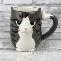 TAG Tabby Cat Coffee Mug Cup Grey With Black Stripes Hand Painted - £12.90 GBP