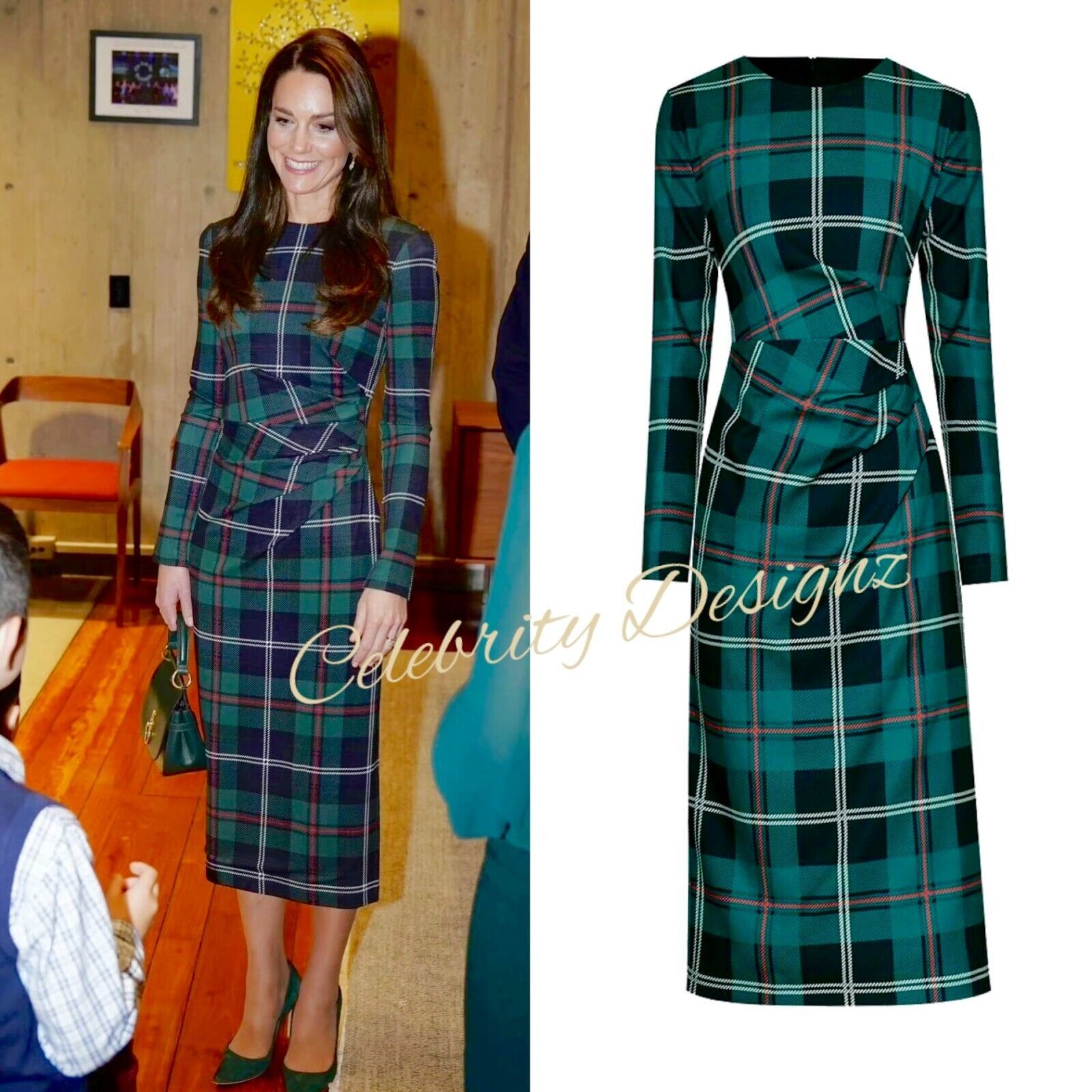 Kate Middleton Inspired Gathered Waist Black Watch Tartan Pencil Dress OZ Stock