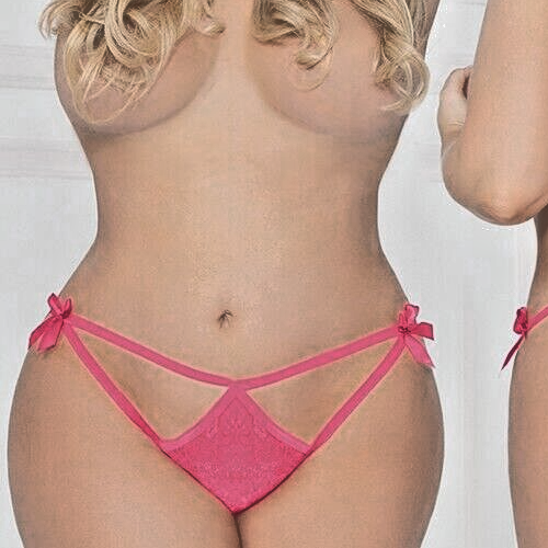 Lace Open Crotch Thong with Bow-Hot Pink 1X/2X-New in Box