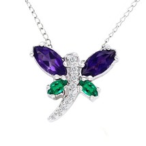 Dragonfly Pendant Necklace Sapphire &amp; Emerald 14k White Gold Plated Real Silver - $85.82