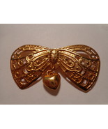 Very Pretty Vintage Gold Bow Pin with a Small Dangling Heart (#1062) - $23.23 CAD