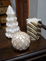 Set of 3 Christmas Figural White Gold Gilded Wax Candles ~ Tree, Sphere,... - £19.61 GBP