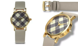 NEW Rousseau 9913 Women&#39;s Medley Plaid Print Diamond Dial Beige Strap Watch - £19.74 GBP