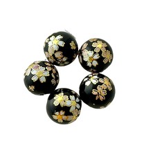 5 Japanese Tensha Glass Black Pink Sakura Flower 12mm Round Bauble Ball Beads - £3.94 GBP