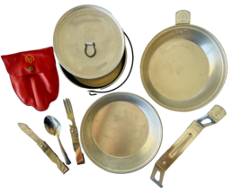 1960s Girl Scout Camping Mess Kit Red Imperial Knife Fork Spoon Pots Pans Vintag - £42.37 GBP