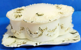 Victorian Vanity Oval Trinket Box Tray Plate Opaque Gilt Edged Milk Glass White - £22.47 GBP