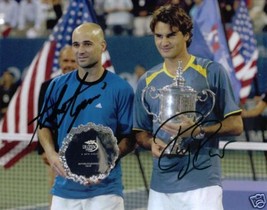 ROGER FEDERER AND ANDRE AGASSI AUTOGRAPHED 8X10 RP PHOTO TENNIS LEGENDS - £11.78 GBP