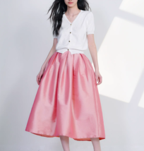 A-line PINK Pleated Midi Skirt Outfit Women High Waist Plus Size Taffeta Skirt  image 2