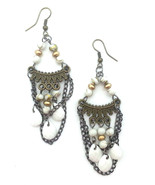 Dangling Metal Bronze Tone Earrings with Metal Chain and Hanging White W... - $14.92 CAD