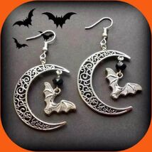 Brand New Flying Bat  Black Bead Crescent Moon Dangle Earrings Halloween  - $7.00