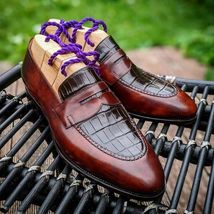 Handmade Men brown Crocodile Embossed Calfskin Shoes Loafer Moccasin Dress Shoes - £102.84 GBP+