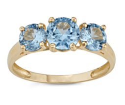 Lab Created Aquamarine 3 Stone 10K Yellow Gold Ring Size 6 7 8 9 - £594.38 GBP