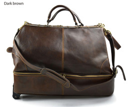 Leather suitcase trolley travel bag doctor bag dark brown weekender with wheels  - £399.67 GBP