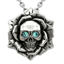 Skull Rose December Greenish Blue Birthstone Necklace With CZ Crystal 17&quot; - 19&quot; - £58.95 GBP