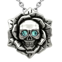 Skull Rose December Greenish Blue Birthstone Necklace With CZ Crystal 17&quot; - 19&quot; - £58.96 GBP