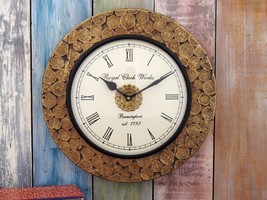 Wooden Frame Brass Coin Fitted Wall Clock Handcrafted Clock for living Room - $156.55