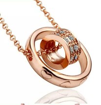 Two Ring Necklace Pendant CZ Gem &amp; Hearts Rose Gold 18&quot; Chain Ladies Jewellery - £4.95 GBP