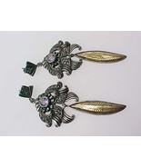 14K GOLD & STERLING Silver Dangle EARRINGS with Genuine AMETHYST and MARCASITES - $135.00