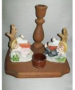 Candle Stick Holders Ceramic Boy &amp; Girl With Puppies Wood Base &amp; Candle ... - £10.32 GBP