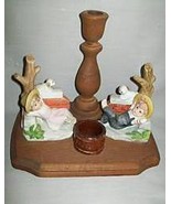 Candle Stick Holders Ceramic Boy &amp; Girl With Puppies Wood Base &amp; Candle ... - £9.68 GBP