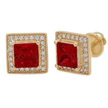 2.20CT Simulated Ruby Diamond Square Halo Stud Earrings 14K Gold Plated Silver - £58.67 GBP