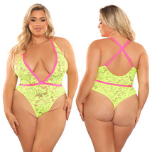 Fantasy Lingerie Glow Spotlight Contrast Elastic Lace Teddy-Neon Green QUEEN - $30.00