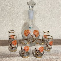 Vintage Lausitzer Crystal Frosted  Decanter W/ 6 Stemless Cordial Glass Painted - £39.80 GBP