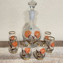 Vintage Lausitzer Crystal Frosted  Decanter W/ 6 Stemless Cordial Glass Painted - $48.99