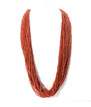 Beaded Multi-Strand 30&quot; Necklace Orange-Red Glass Seed Beads Vintage Native Amer - £93.87 GBP