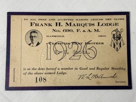 1926 Frank M Marquis Lodge 690 Free Mason Mansfield Ohio Member Pass - £8.04 GBP