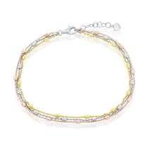 Sterling Silver Triple Strand Oval Diamond-Cut Beaded Anklet - Tri Color - £72.36 GBP