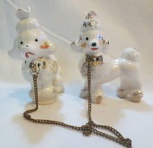 VTG Poodle pups White &amp; Gold On Chain Leash Porcelain - £7.81 GBP