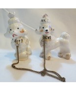 VTG Poodle pups White &amp; Gold On Chain Leash Porcelain - £7.92 GBP