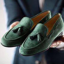 Customized Handmade Men Green Tassel Loafer Slip On Genuine Suede Leather Shoes - £108.40 GBP