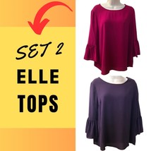 Set of 2 Elle Women&#39;s Bell Ruffle 3/4 Sleeve Tops Purple Pink Fuscia NWT Medium - £23.72 GBP