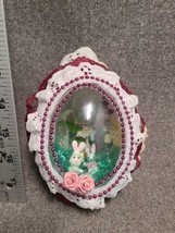 Plastic Easter Egg diorama Bunnies, Eggs Pink Roses Vintage Maroon Trim ... - $19.48