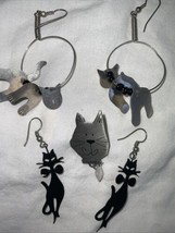 Kitty Cat Costume Jewelry Earrings Pin Lot Mexico Silver Tone - $14.84