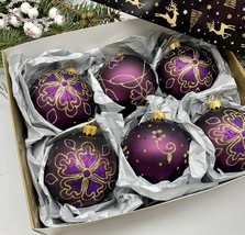 Set of 6 purple Christmas glass balls, hand painted ornaments with gifte... - £56.88 GBP