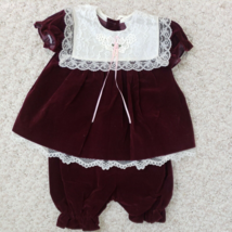 Vtg Jo Lene Baby Girl Christmas Dress 12 Mos Lace Collar Burgundy Velvet 2Pc USA - £16.85 GBP