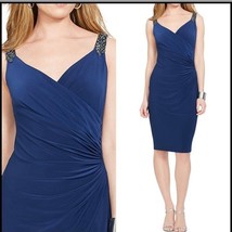 Lauren Ralph Lauren Evening $164 Navy Beaded Strap Shirred Dress Size 8 Medium - £38.10 GBP