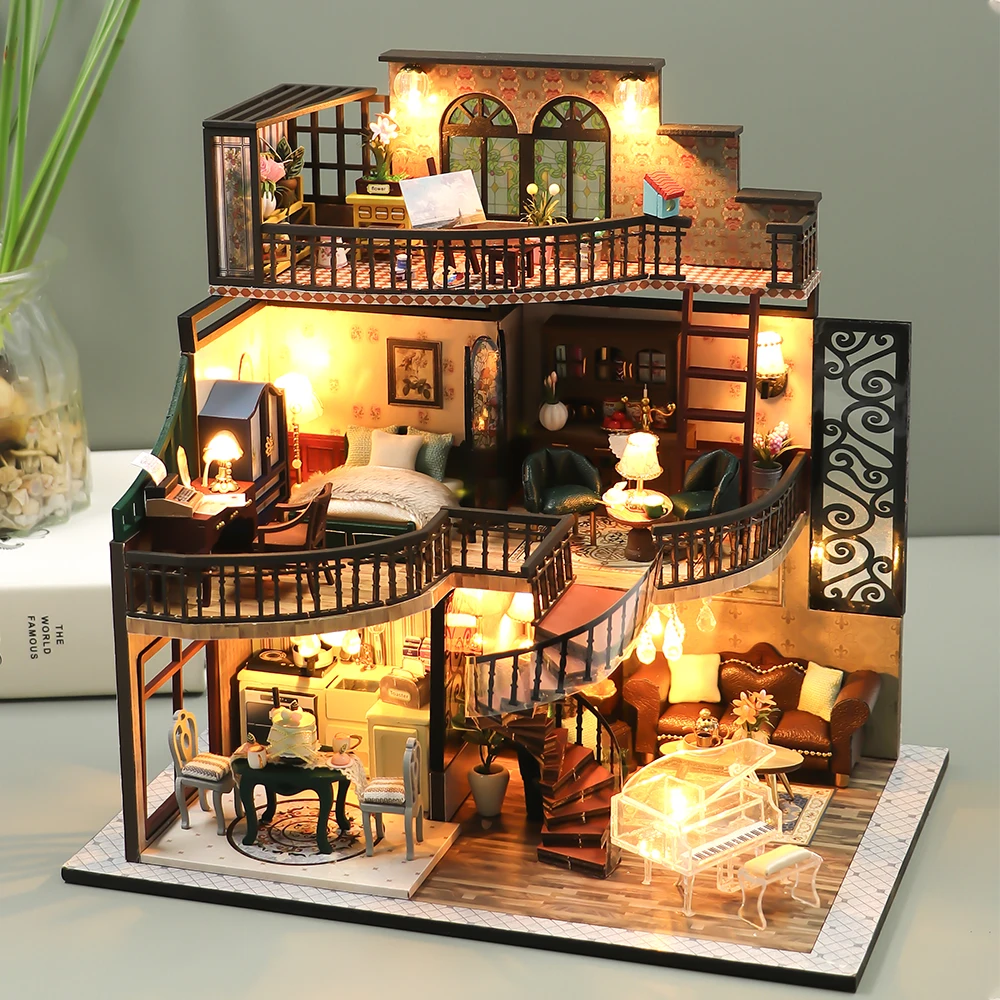 Doll house With dust cover casa Miniature Diy Wood Dollhouse Miniatures children - £33.35 GBP+