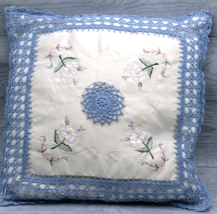 Crochet Embroidered Pillow Floral Design  14&quot;x 14&quot; With Blue Border - £22.15 GBP