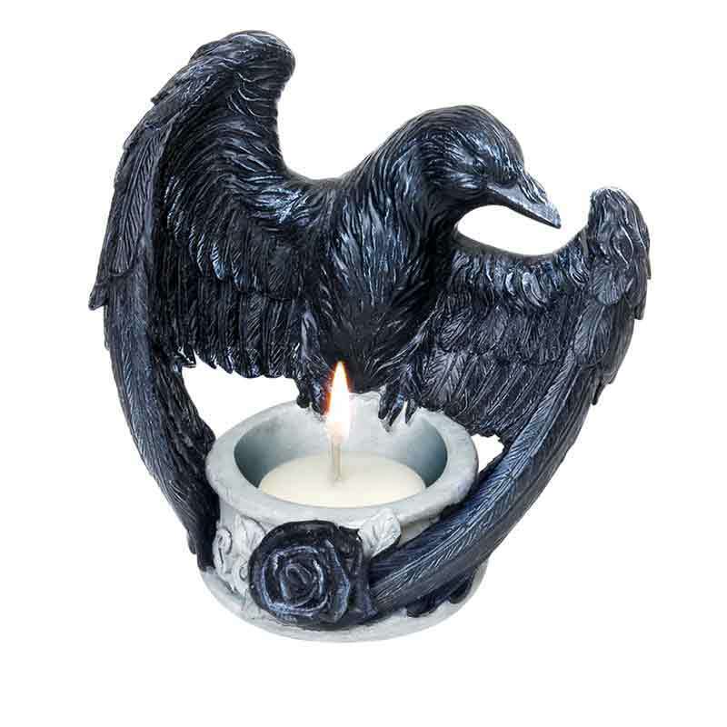 Primary image for Alchemy Gothic Black Raven Poe Rose Tea Light Candle Holder Open Wings V28 Crow