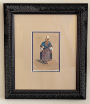 Antique 1874 Signed Watercolor Painting of an Old Woman of Pont-l&#39;Abbé France - £373.44 GBP