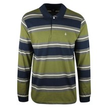 Volcom Men&#39;s Olive Green, Navy, Gray &amp; White Striped L/S Polo T-Shirt (S05) - £17.54 GBP