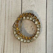 Vintage Round Double Circle Amber Clear Rhinestones Pin Brooch Pinback 1&quot; - $7.89