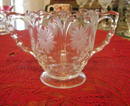 Small Vintage Clear Floral Etched Glass Open Sugar w/ 2 Ribbed Handles Ex Cond - £7.88 GBP