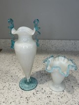 2 Fenton Murano Style Vases Glass Vintage Venetian Milk Decor Lot Set Retro - $98.95