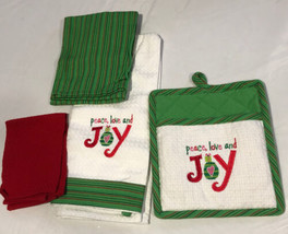 Set Of Christmas Towels Holiday Hand Fingertip Potholder Green “joy” - $11.62