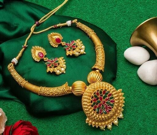 Temple Design Jewelry Set Kundan Necklace Earrings South Women Bridal Setv - $23.16